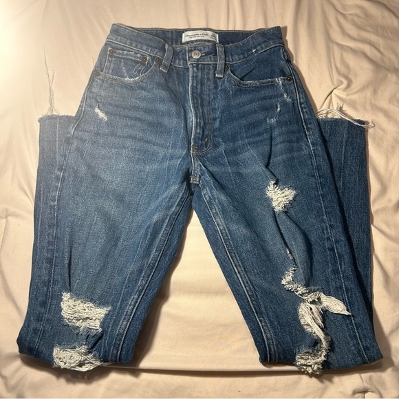 Abercrombie & Fitch High Rise Mom Jeans Women’s 23 Distressed Blue Denim - Picture 6 of 16
